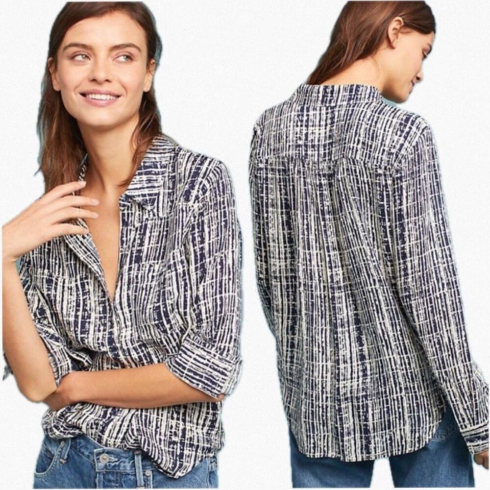 Anthropologie Holding Horses Sammie Rayon Button Down Shirt 8 Navy Brushstroke M
